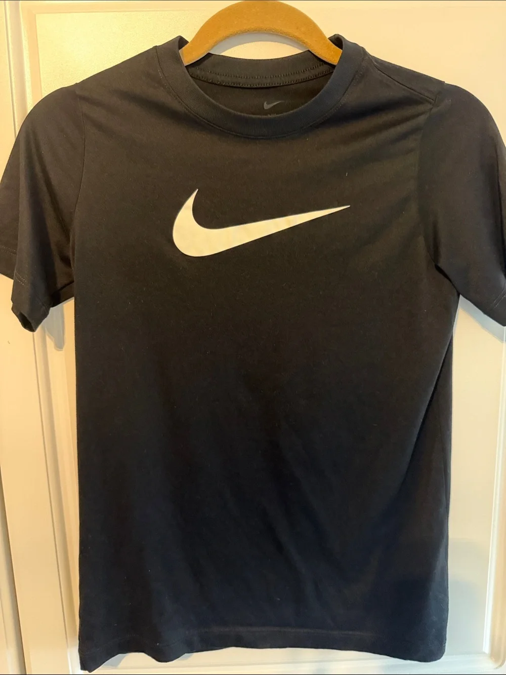 Boys Nike Black Short Sleeve T-Shirt with White Swoosh